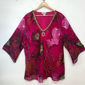Signature JMB Top Woman 2X Pink Floral Artsy Beaded Tropical Flare Sleeve Travel
